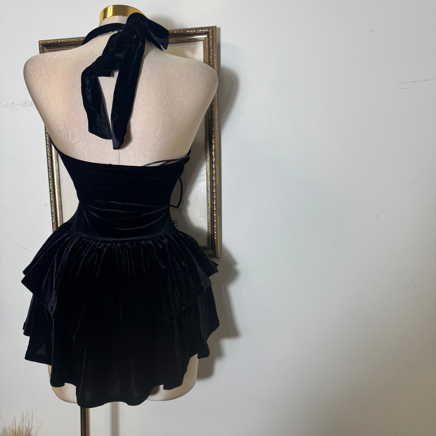 Velvet Halter Double Layer Fit and Flare Dress-Black