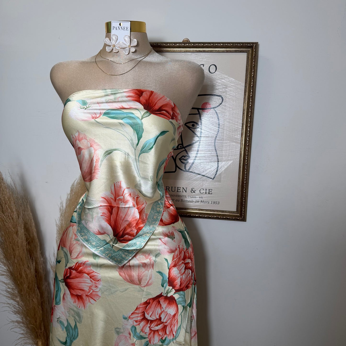 Floral strapless Satin Top and Maxi skirt set-Butter yellow