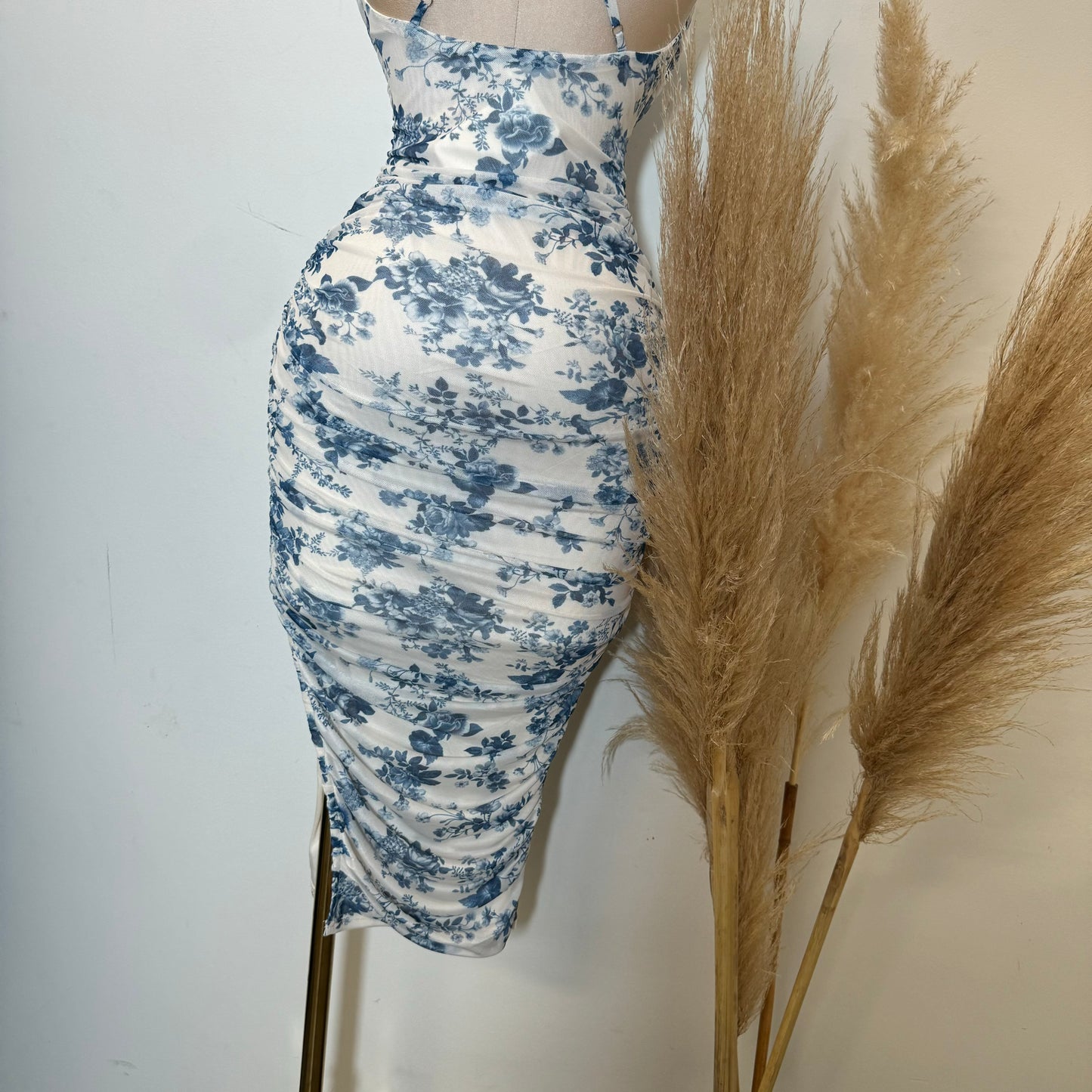 Floral Pleated Neckline Ruched Mini Dress-Blue/White