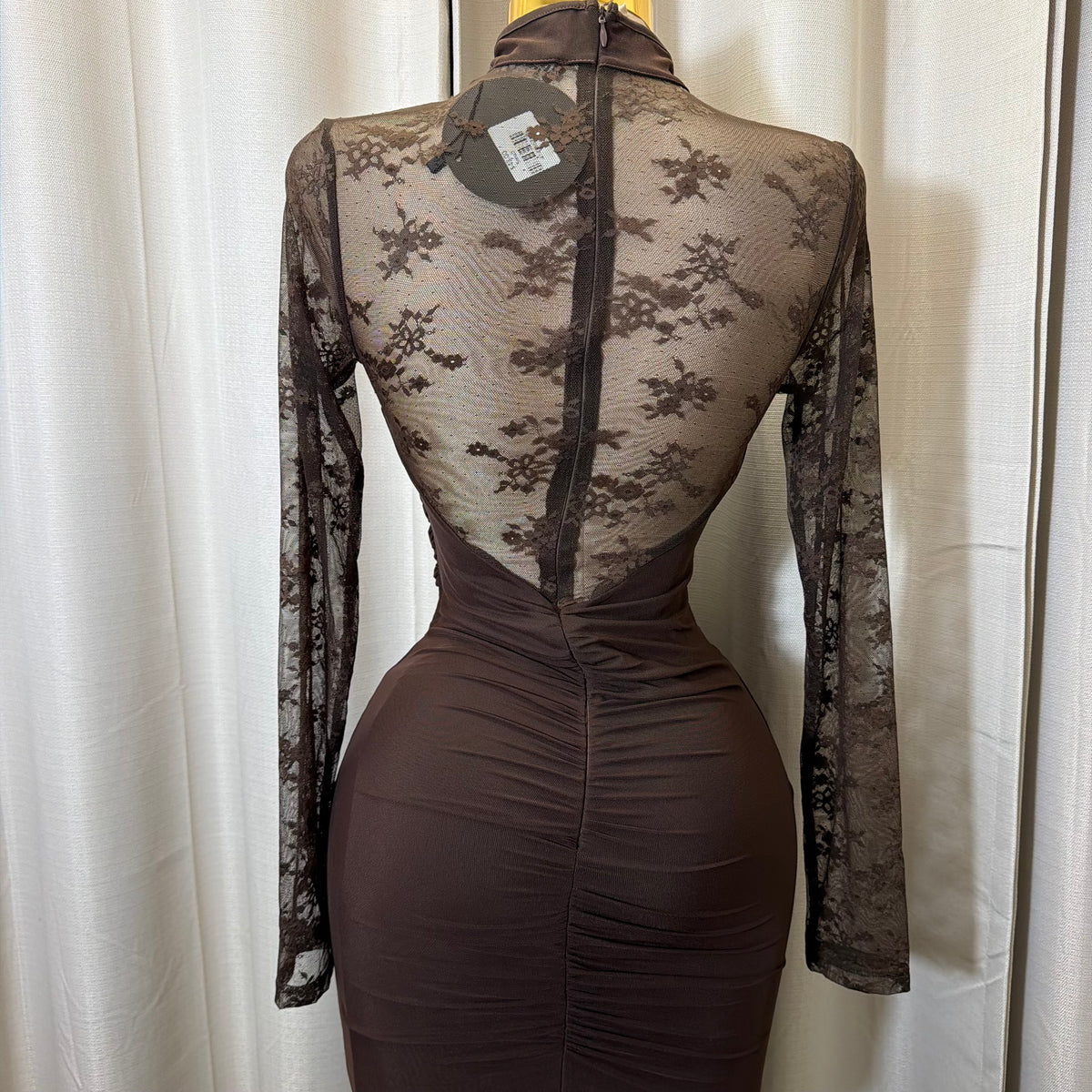 Korean Lace Long Sleeve Midi Dress-Chocolate