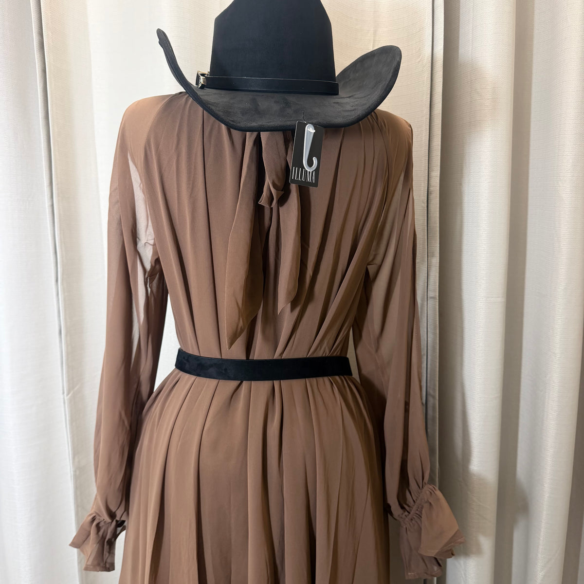 High Low Mock Neck Chiffon Maxi Dress-Brown