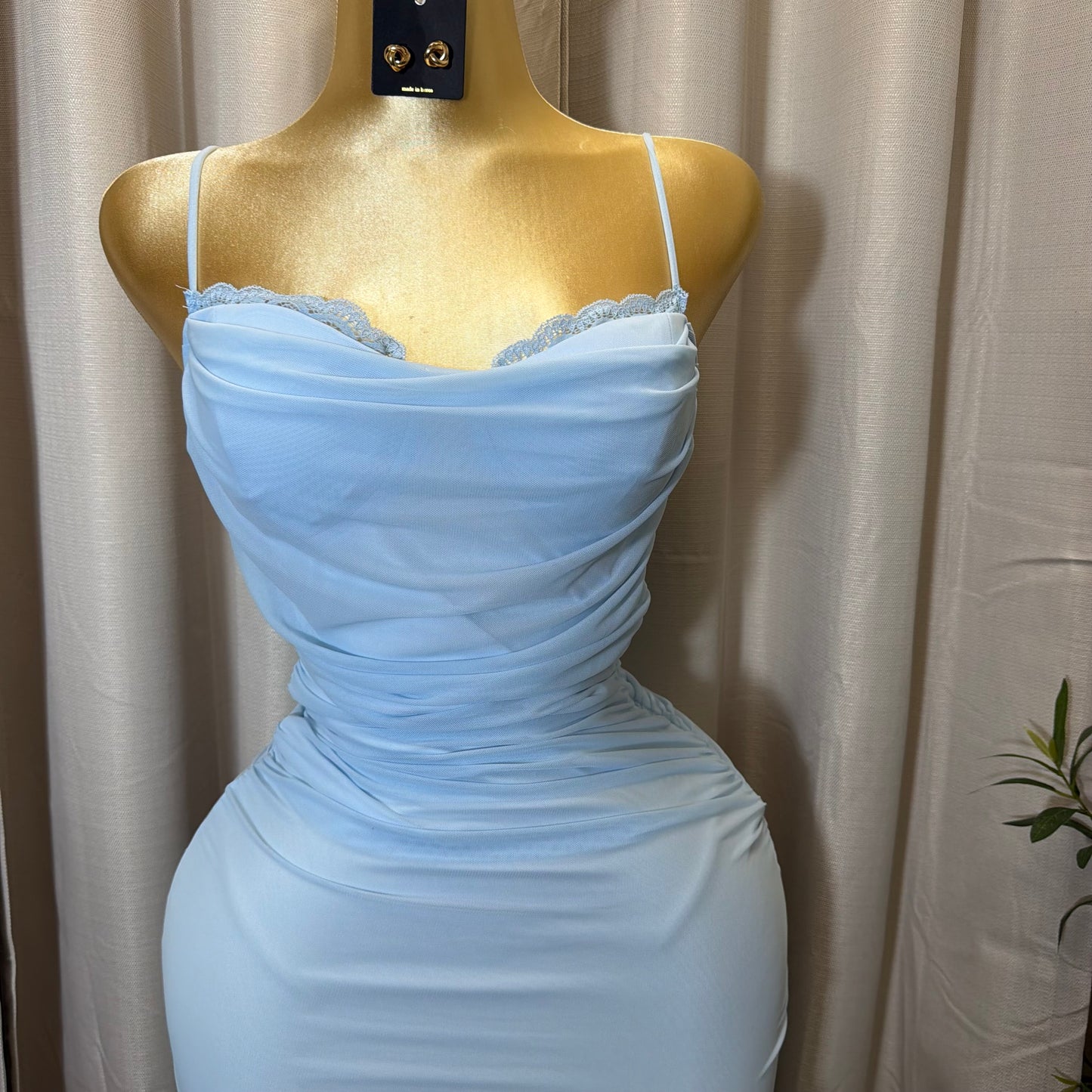 Mesh draped Slit Midi Dress-Baby Blue