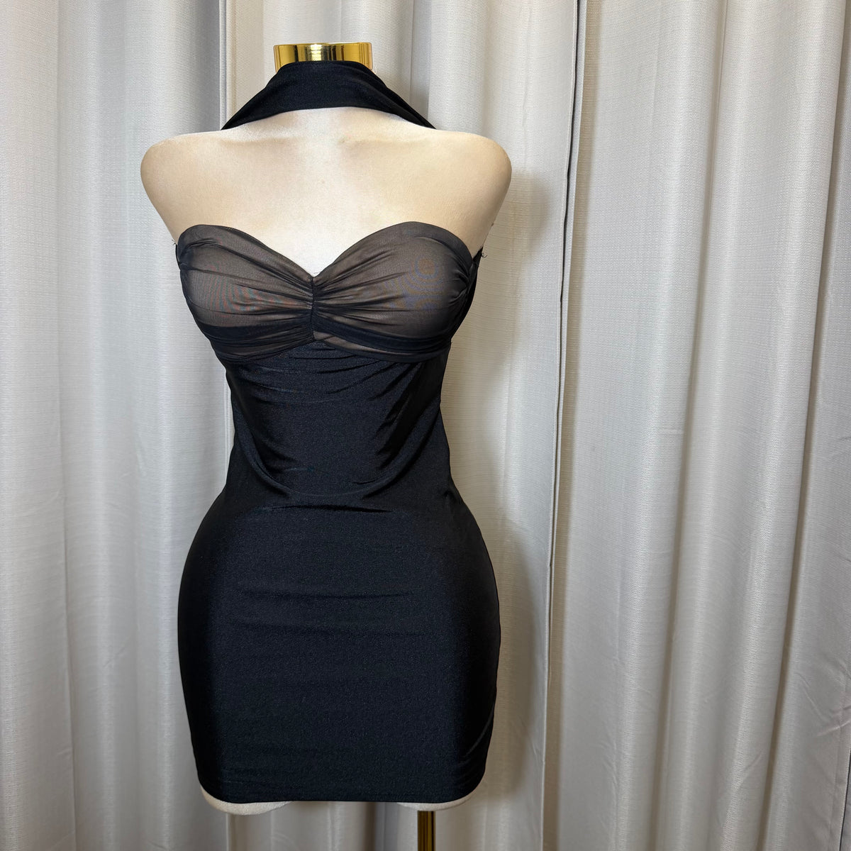 Knit Satin with Mesh Contrast Neck Band Dress-Black
