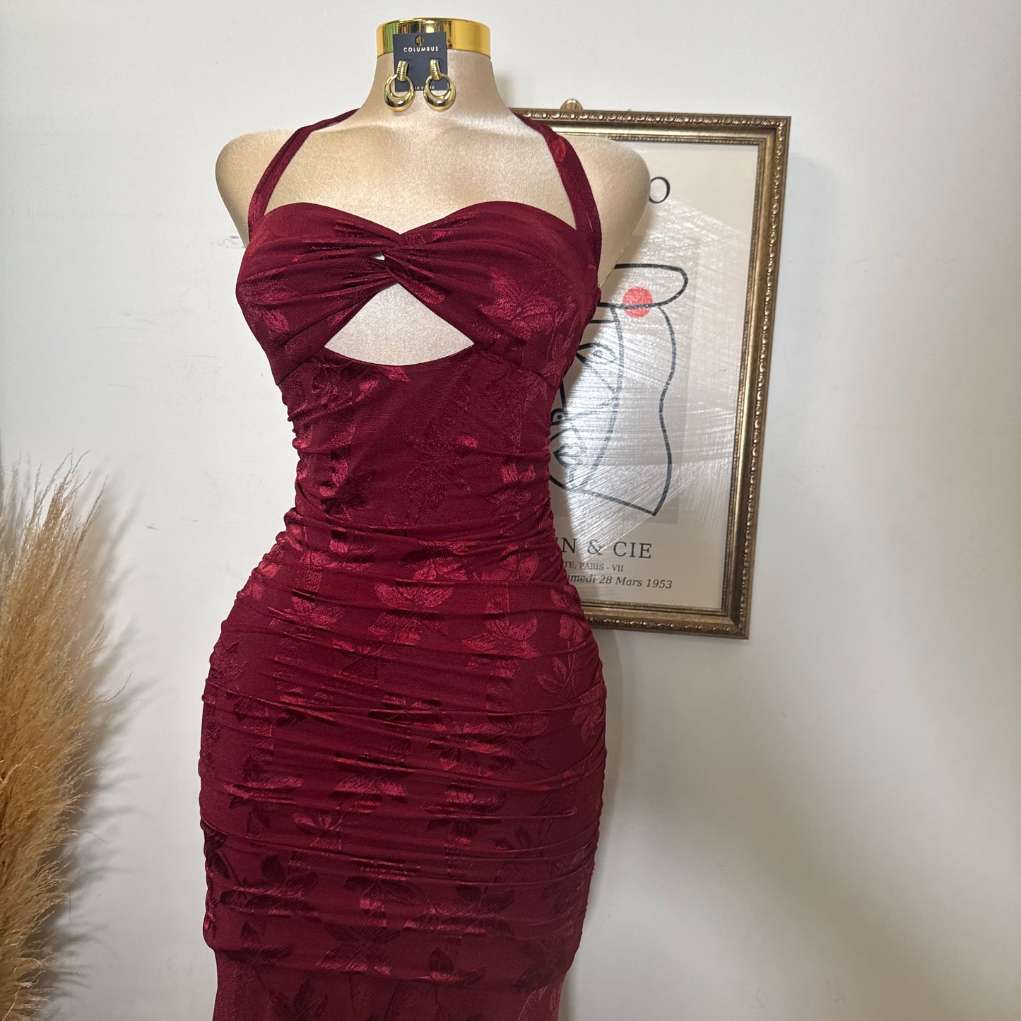 Trim accent Midi Dress-Wine
