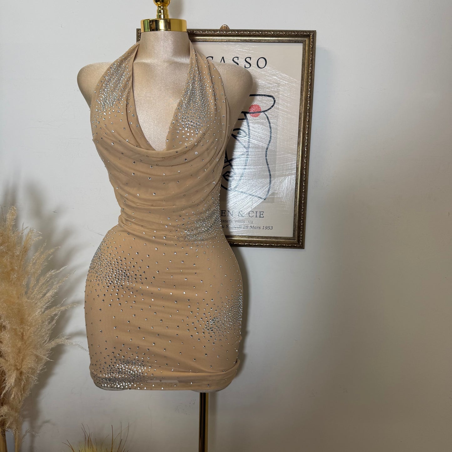 Rhinestone Power Mesh Cowl Neckline Mini Dress Halter Neck Open Back-Nude