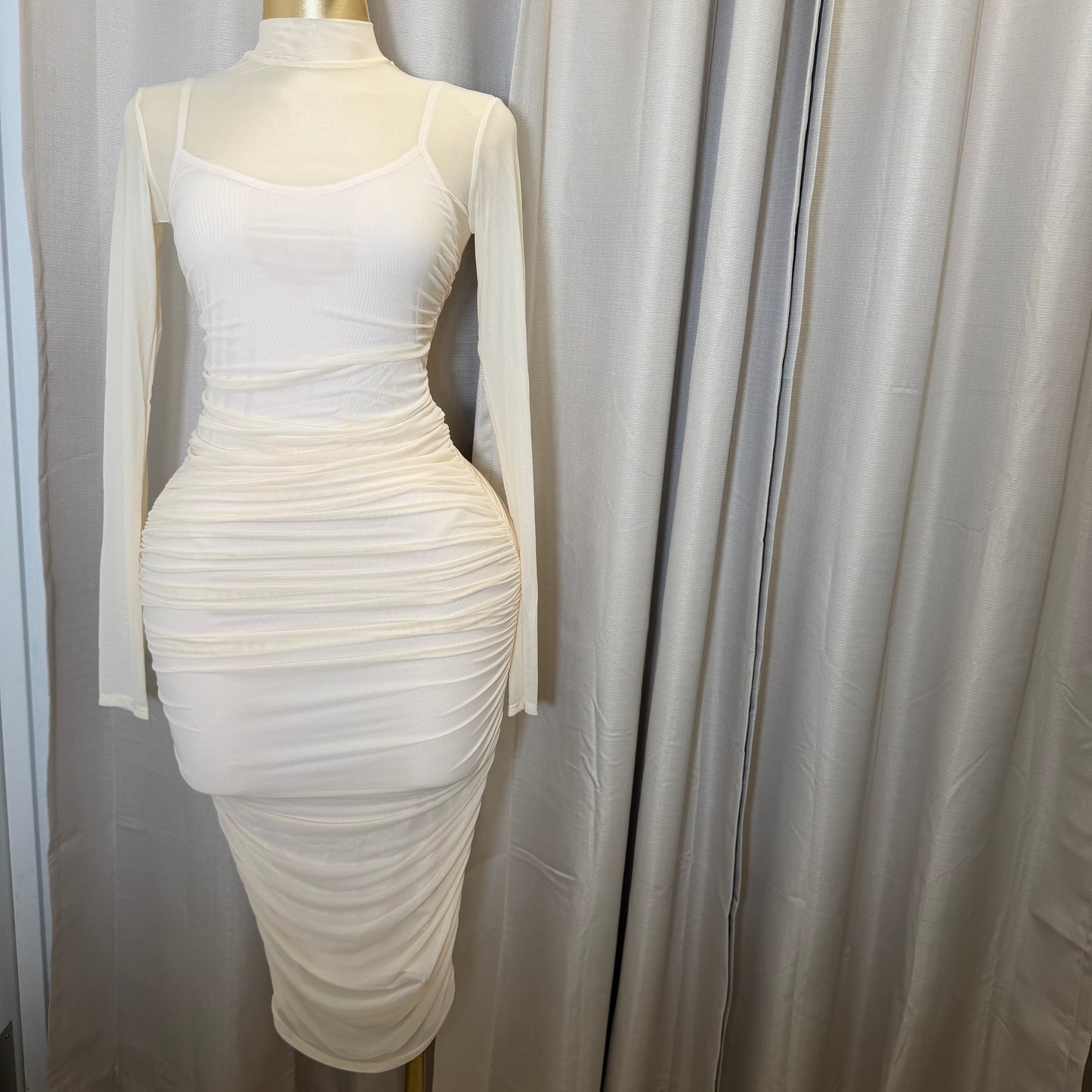 Solid Mesh Mock Neck Midi Long Sleeve Dress-Cream
