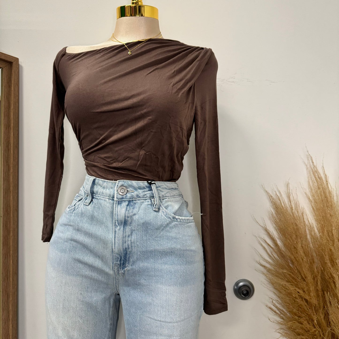 One Shoulder Long Sleeve Top-Brown