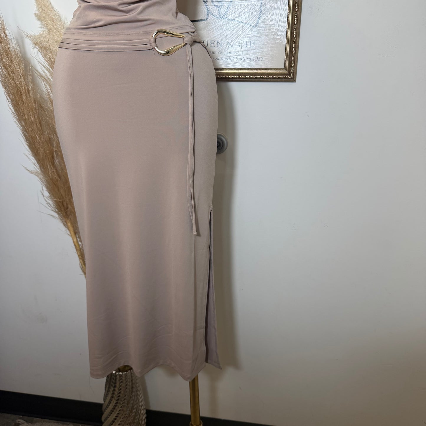 Keyhole Halter Top W/ Midi Skirt Set-Taupe