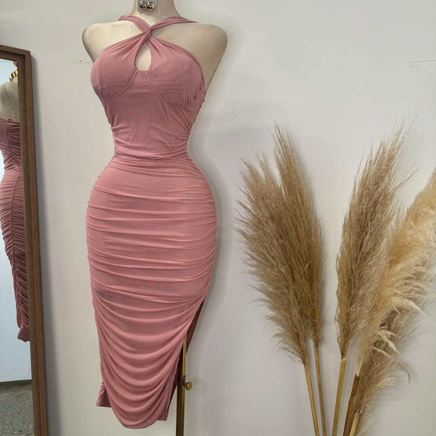 Inara Mesh Twist Halter Neck Midi Dress-Mauve