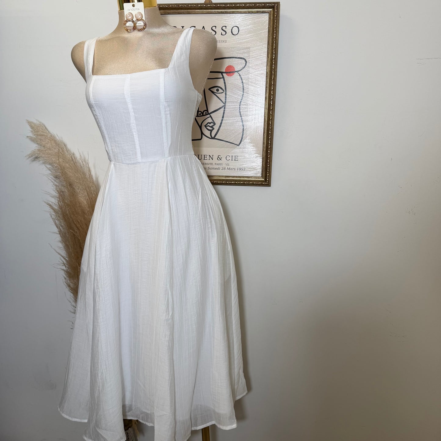 Square Neck picnic  Midi Dress-white