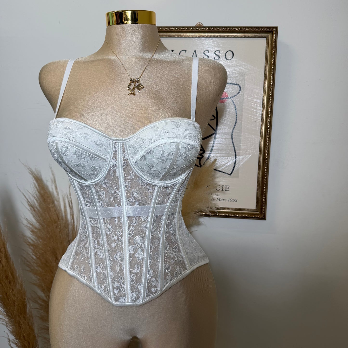 Long Lace Corset Top with Flower Glitter Design-White