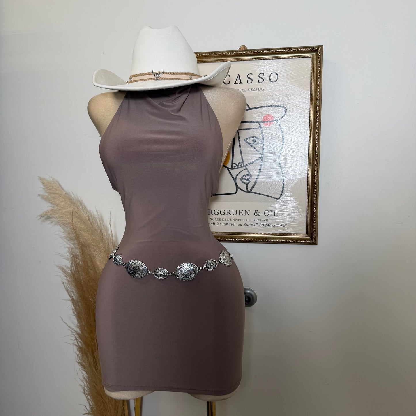 Sleeveless Halter Cowl Neckline Mini Dress-Mocha