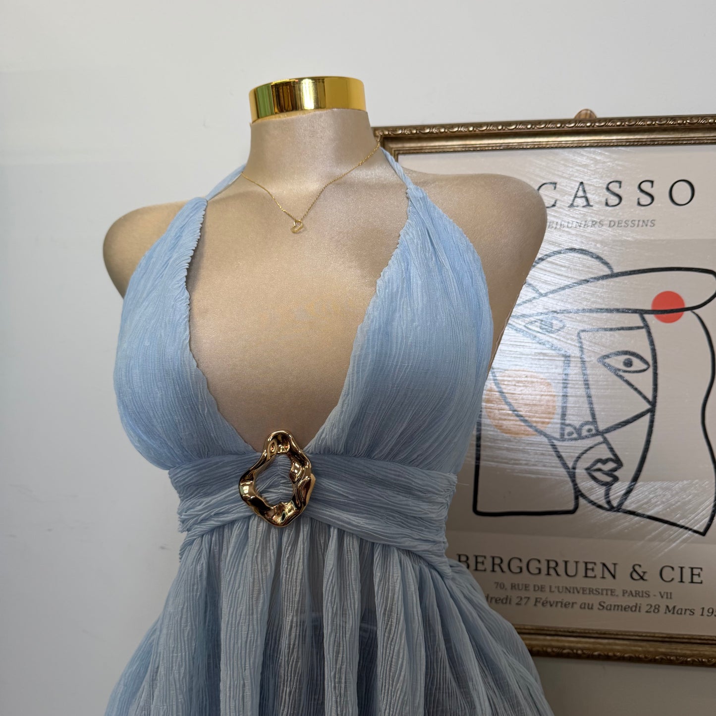 Textured Open back Top With Trim-Blue