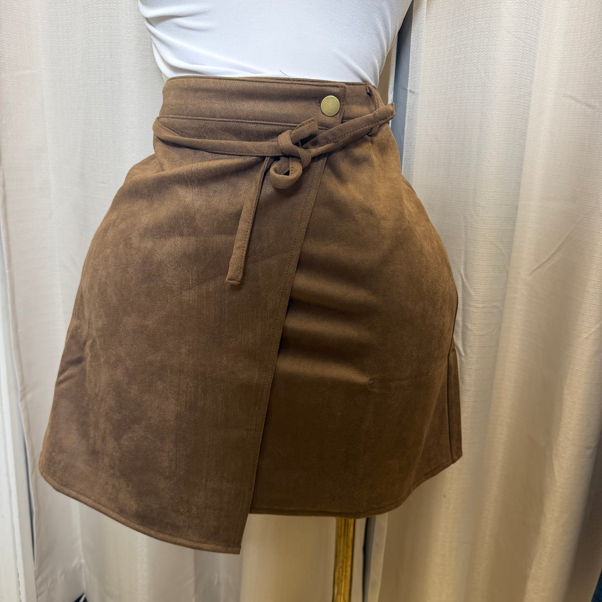 PL-Suede Skirt with wrap belt-Brown