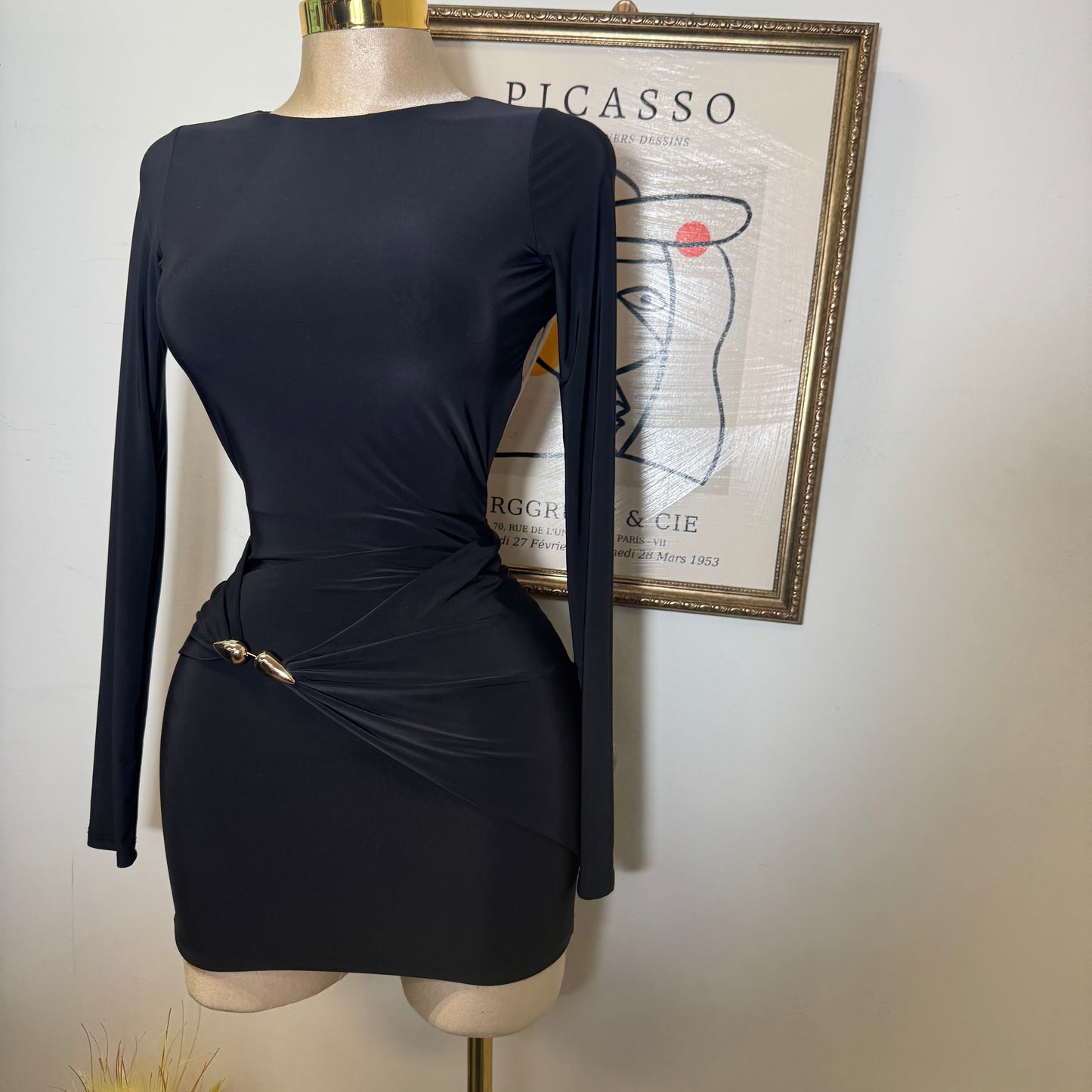 Long Sleeve Drape Trim Detail Mini Dress-Black