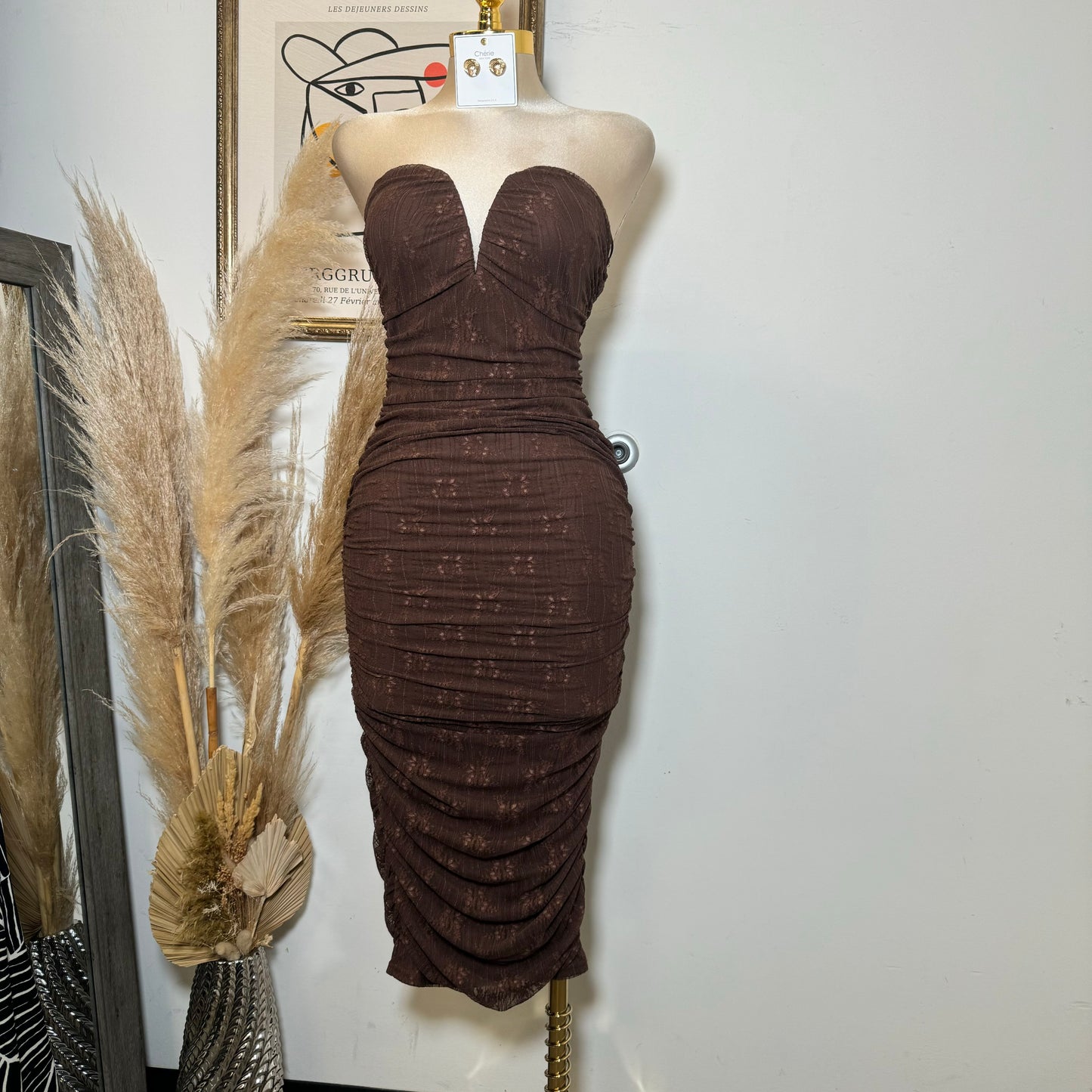 Sweetheart Shape Lace Dress-Brown
