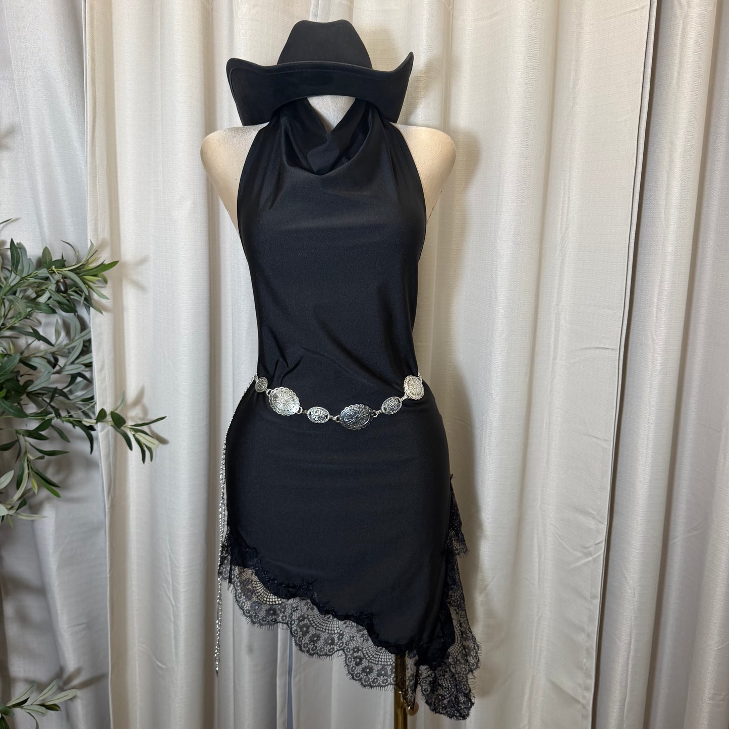 Halter Asymmetrical Lace detail Dress- Black/Black