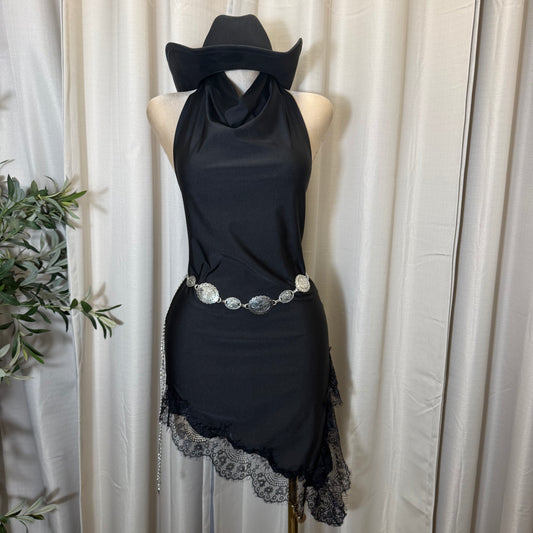 Halter Asymmetrical Lace detail Dress- Black/Black