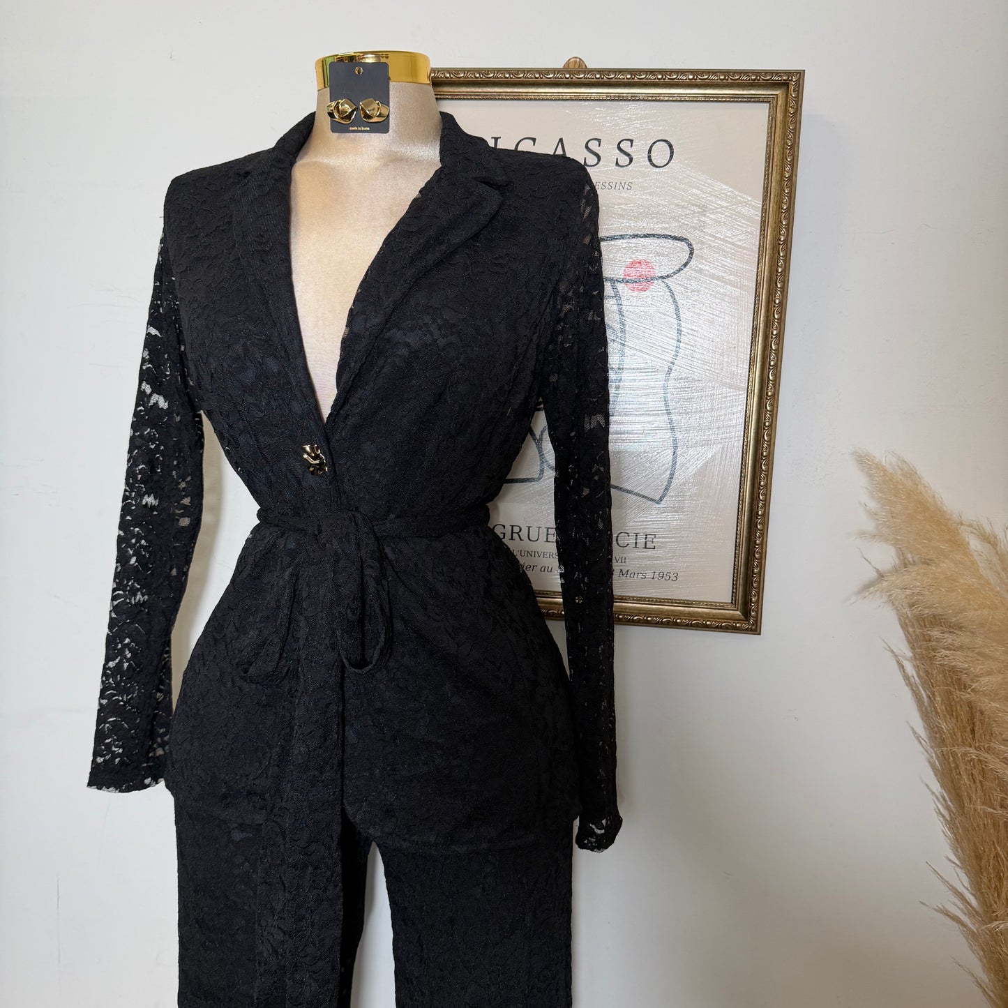 Lace blazer Pant Set -Black