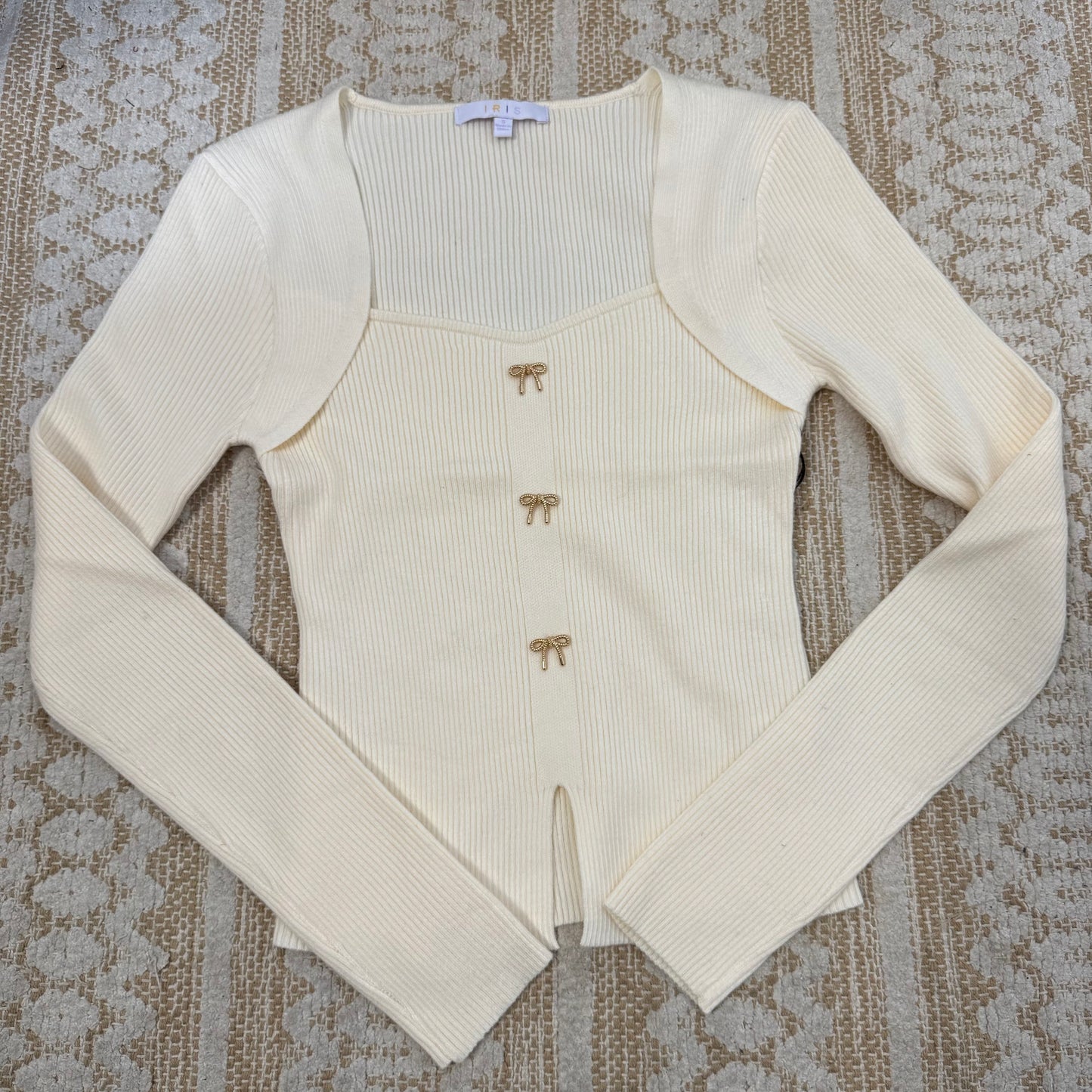 Square Neck Ribbon Trim Sweater Top-cream