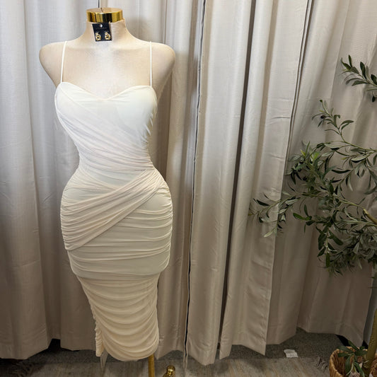 SWEETHEART RUCHED MIDI BODYCON DRESS-Ivory