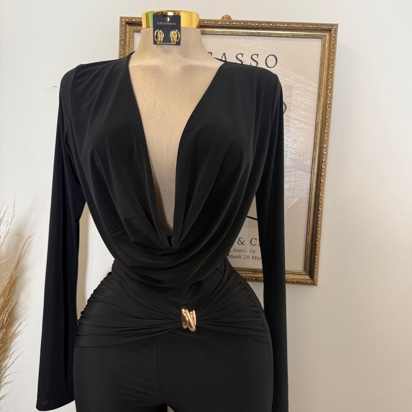 Long Sleeve Crop Top Pant Set-Black