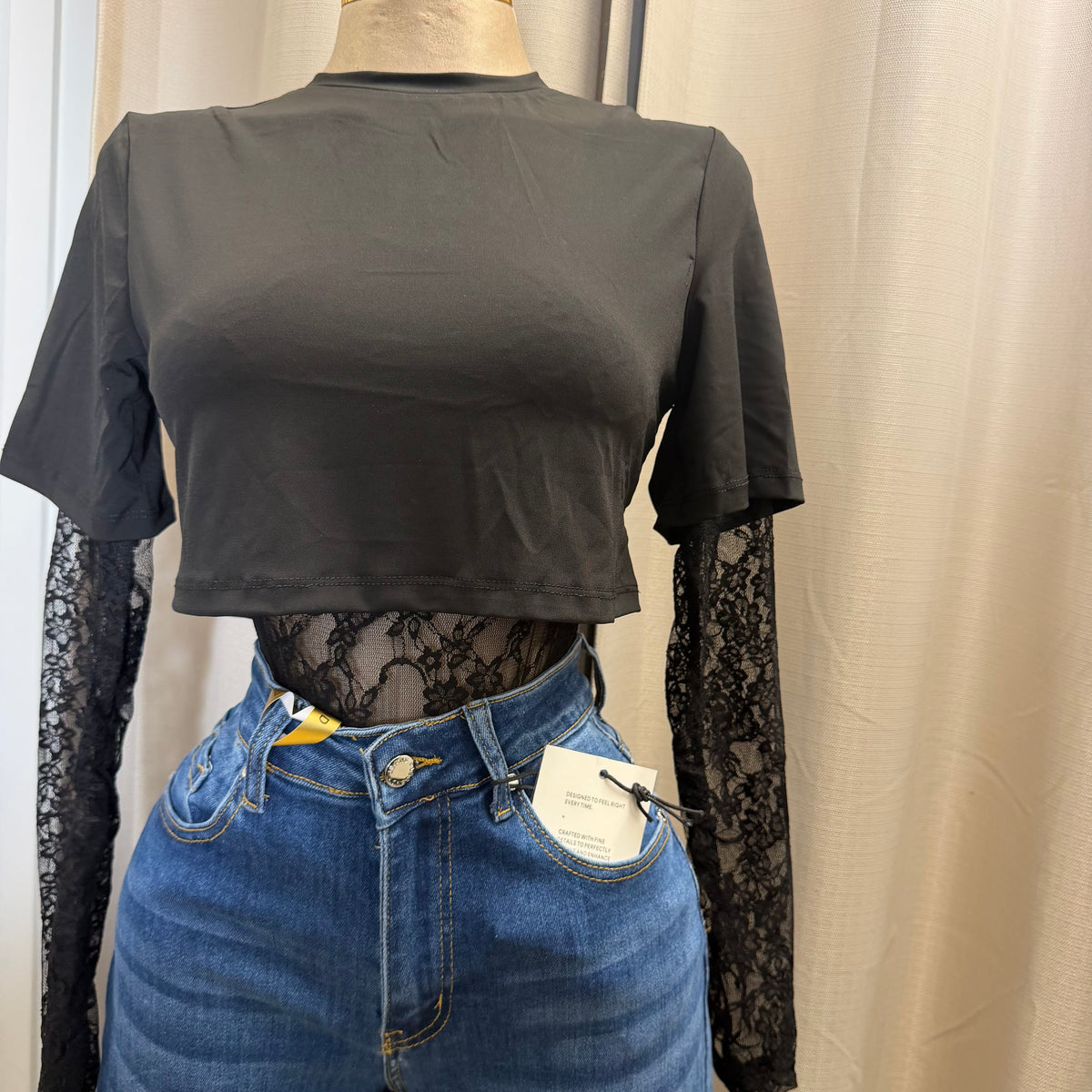 Layered Lace Bodysuit with T-Shirt Overlay-Black