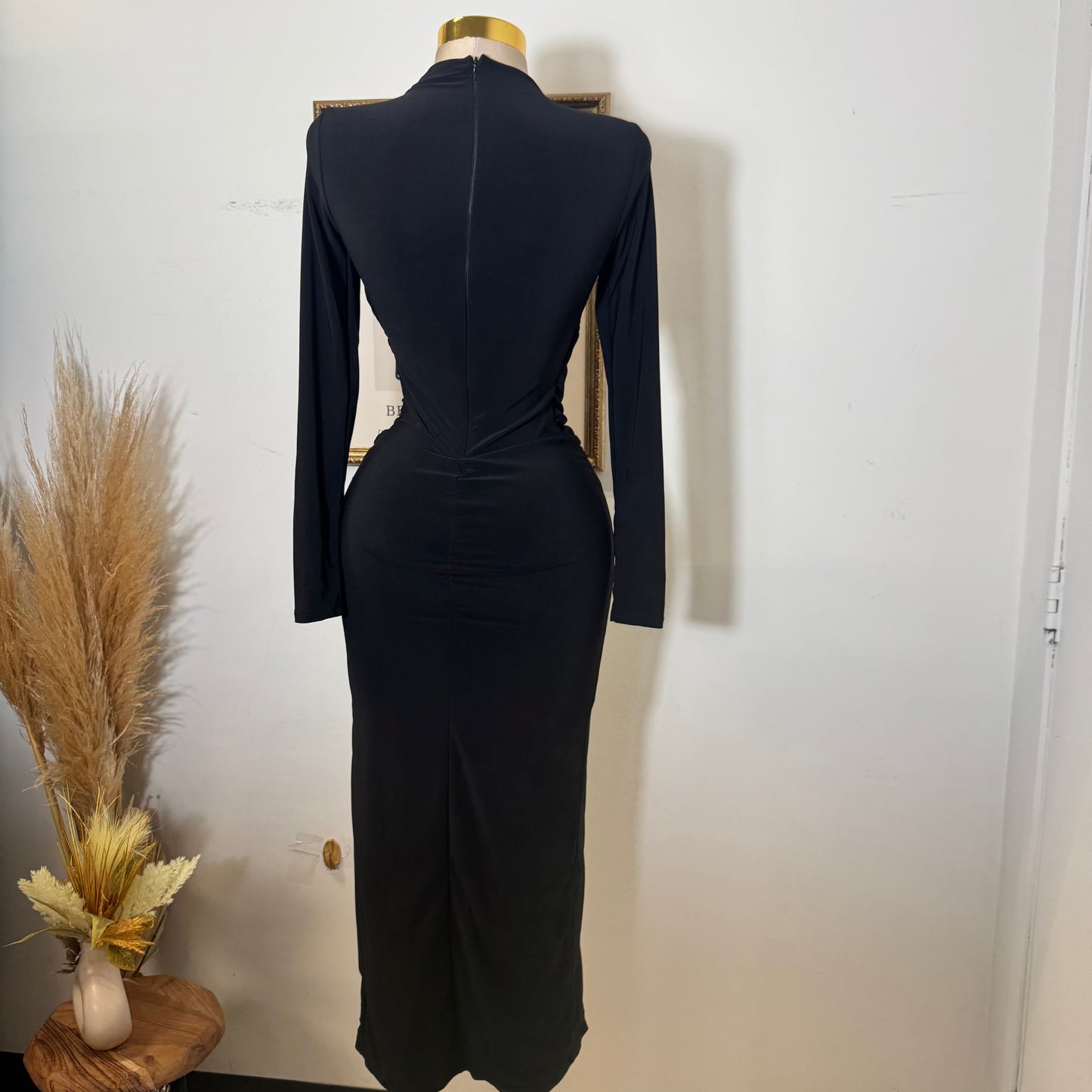 Long Sleeve Open Slit Dress-Black
