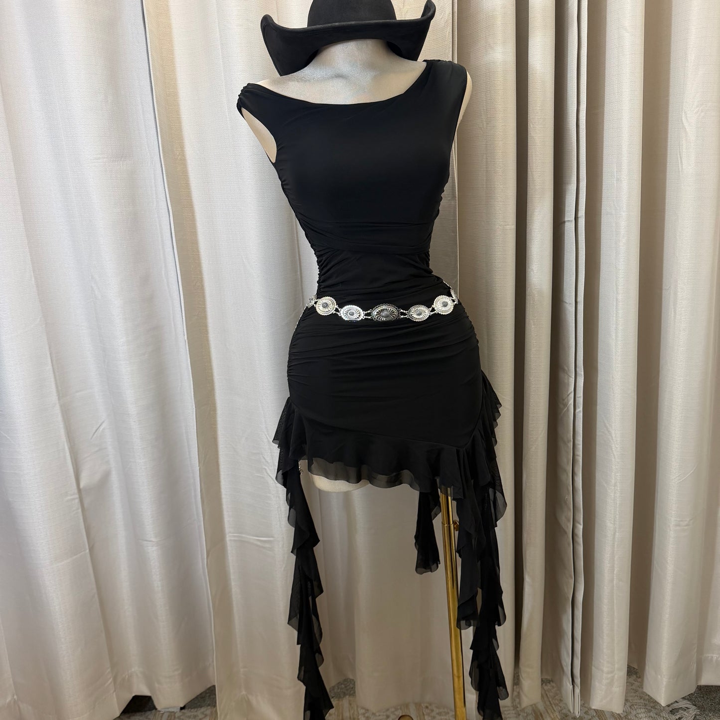 Off shoulder Dress with flowing Detail-Black