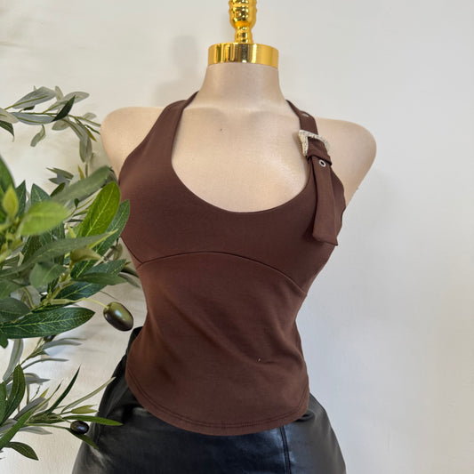 Buckle Halter Top-Brown