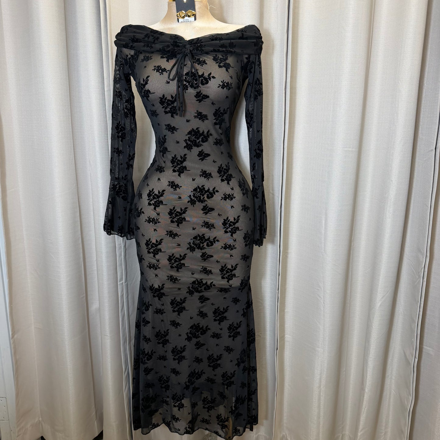 Flocked Long Sleeve Mesh off shoulder maxi Dress-Black/Nude