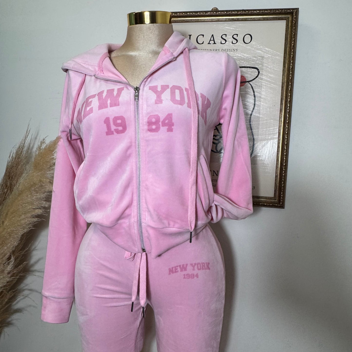 Print Hoodie Jacket and Pants Velour Set-Pink