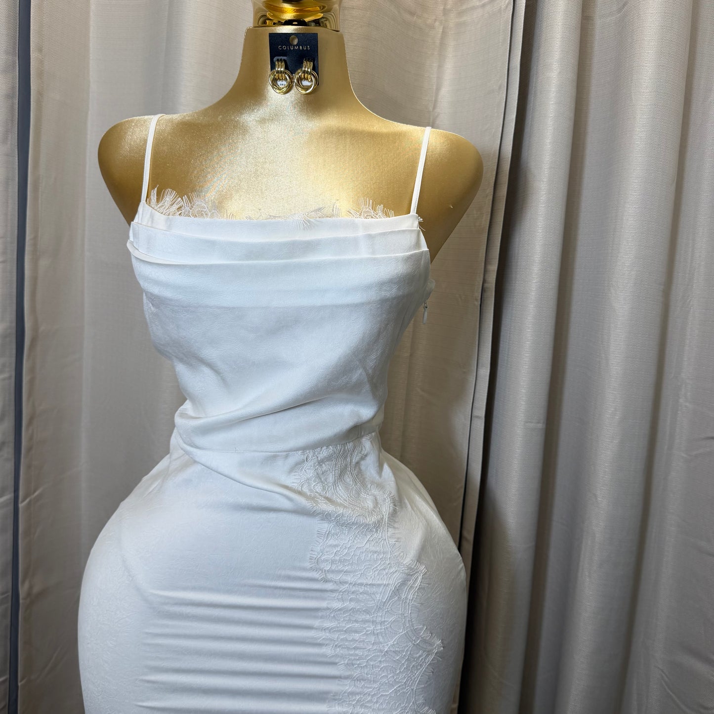 LACE DETAIL SATIN MIDI DRESS-White