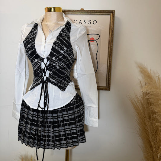 Halter Plaid Skirt Two Piece Set -Black