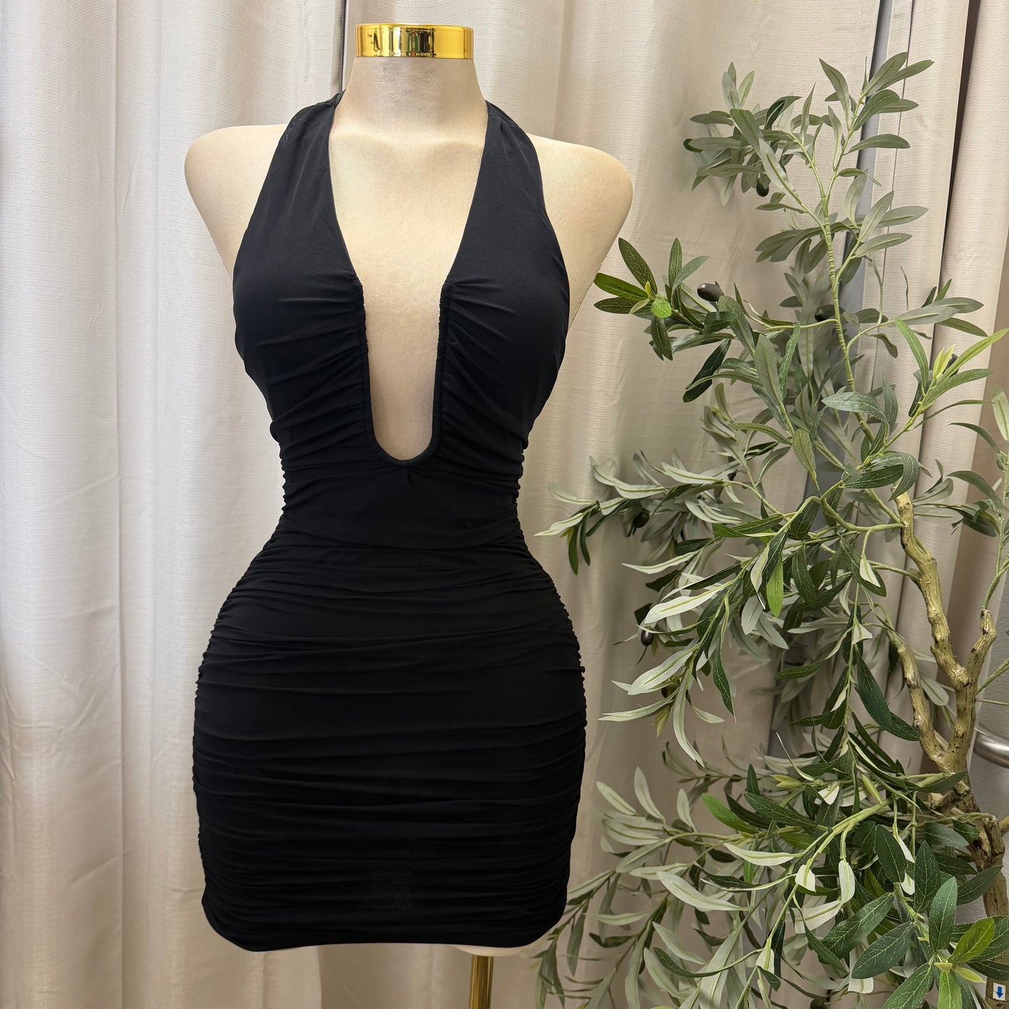 Ruched Plunging Halter Bodycon Mini Dress-Black