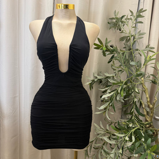 Ruched Plunging Halter Bodycon Mini Dress-Black