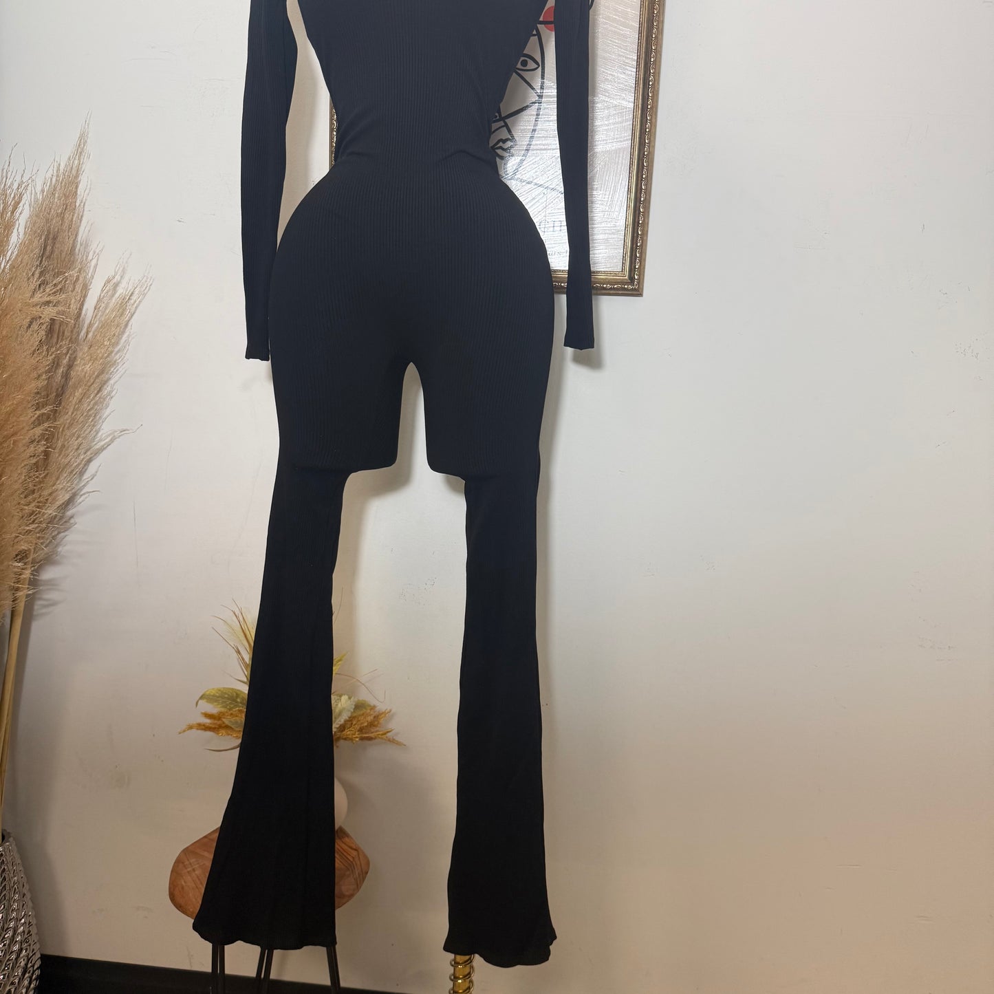 Long Sleeve Snatched Flare Jumpsuit-Black