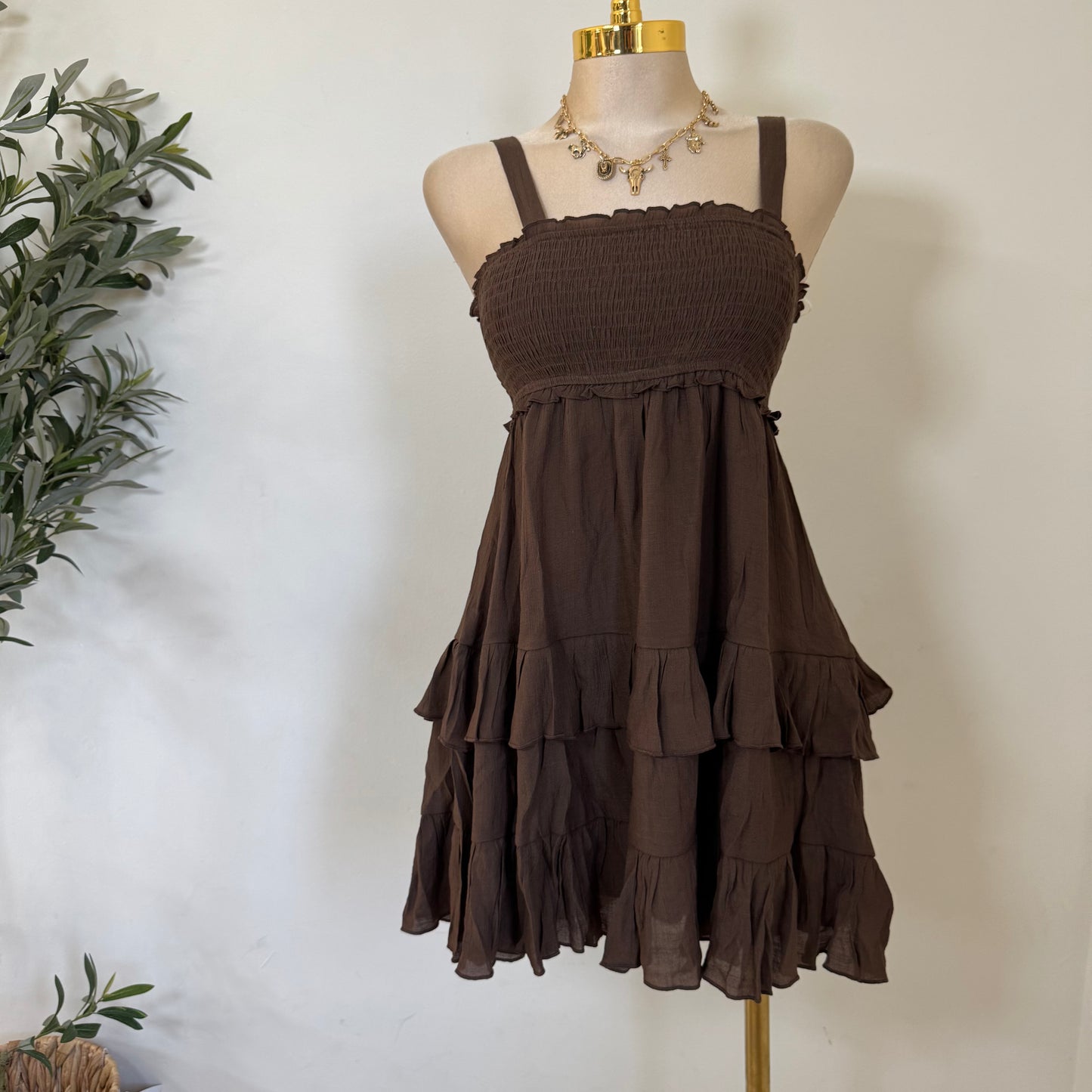 Smocked Tiered Mini Dress-Chocolate
