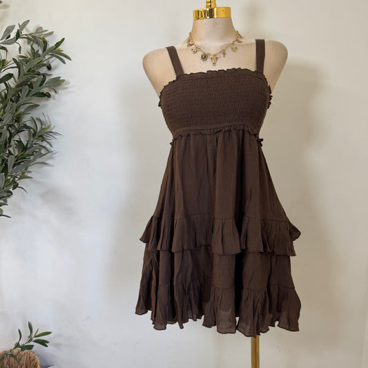 Smocked Tiered Mini Dress-Chocolate
