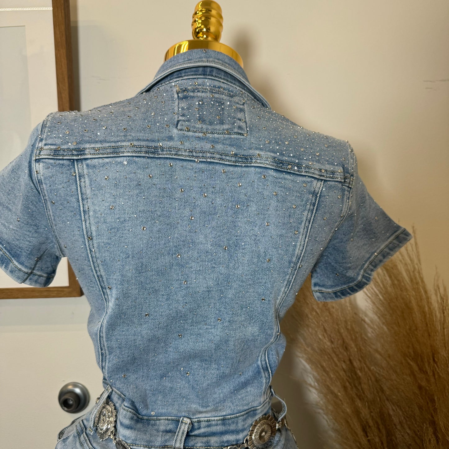 Rhinestone Denim Dress-Blue