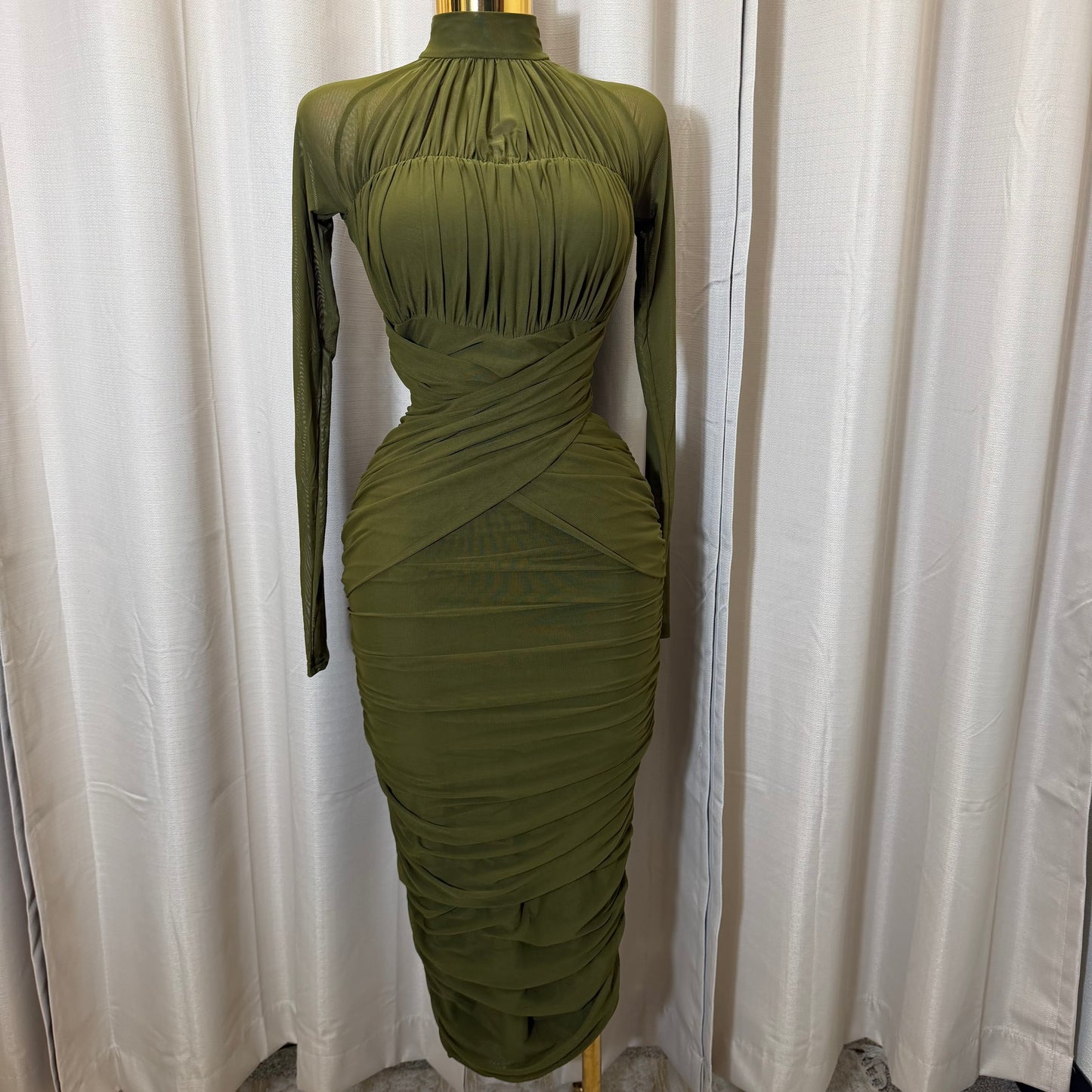 Long sleeve Mesh  Dress-Olive