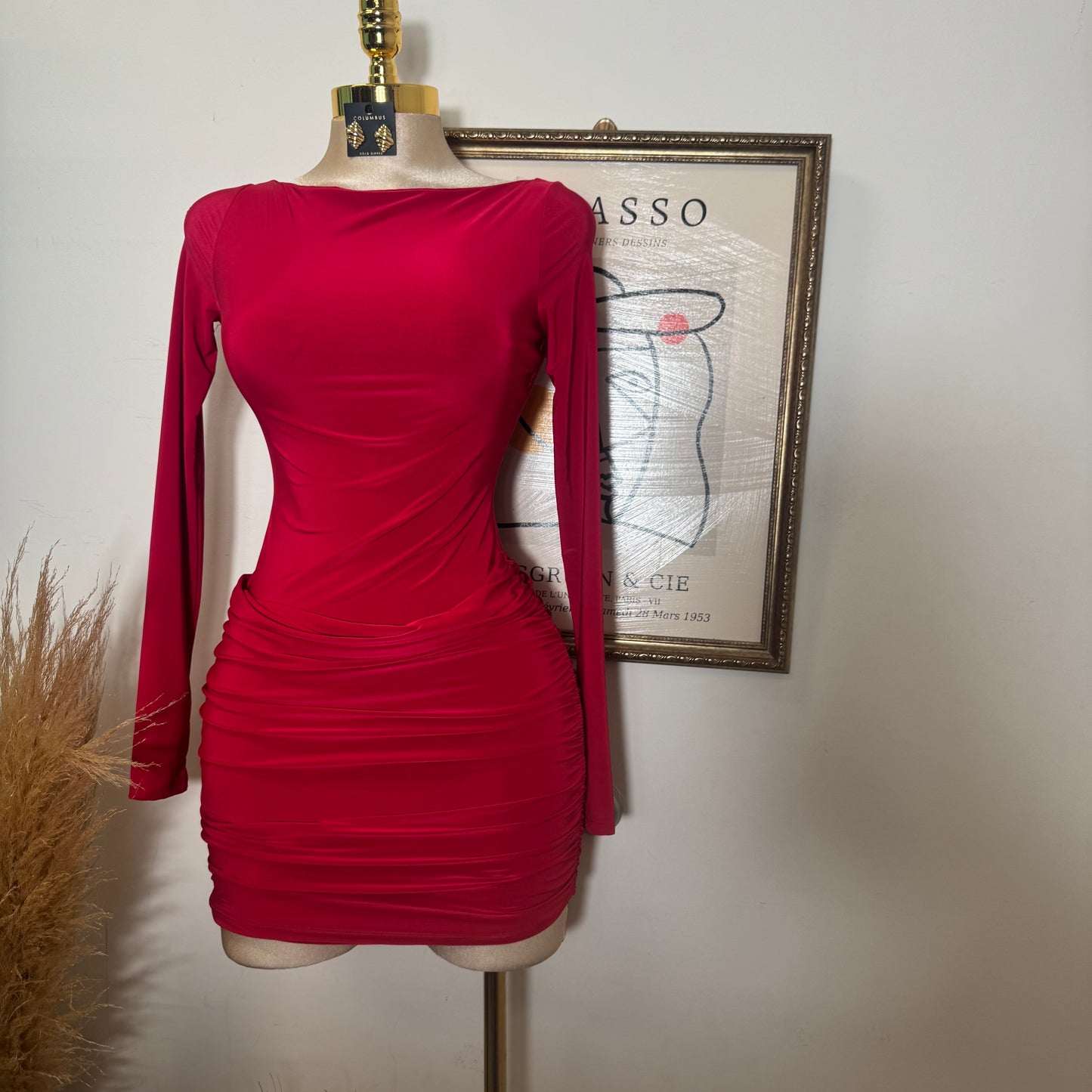 Long Sleeve Ruched Mini Dress-Red