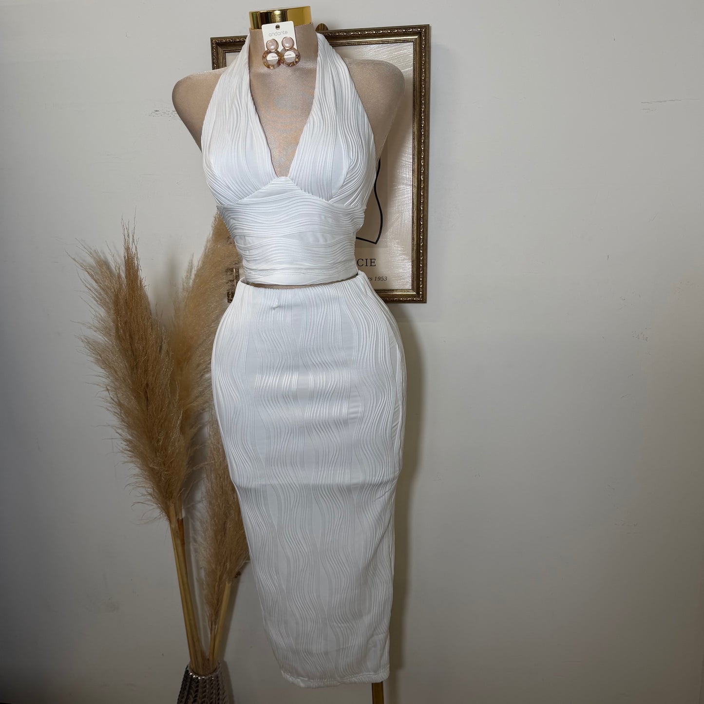 Halter Neck and Midi Skirt Set-White