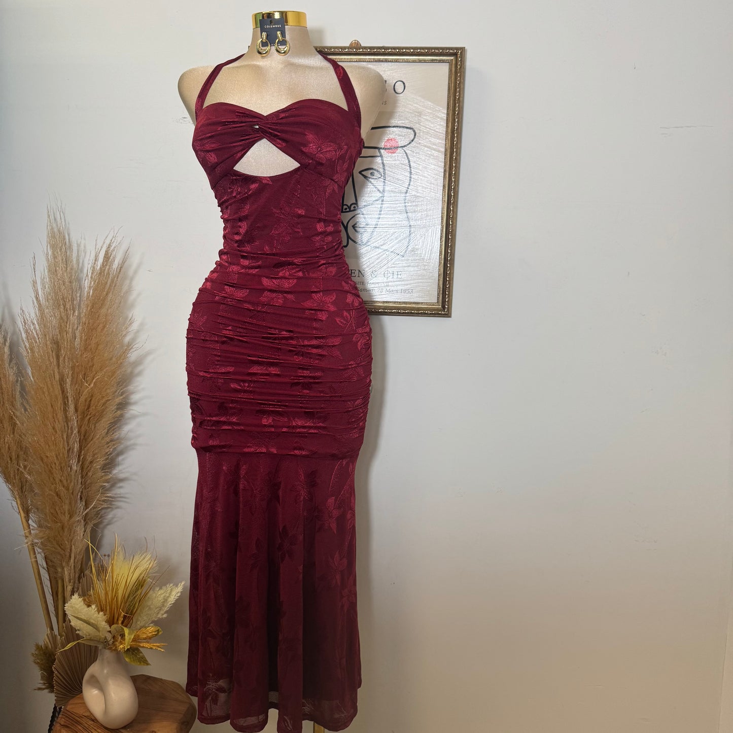 Trim accent Midi Dress-Wine