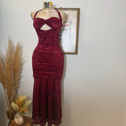 Trim accent Midi Dress-Wine