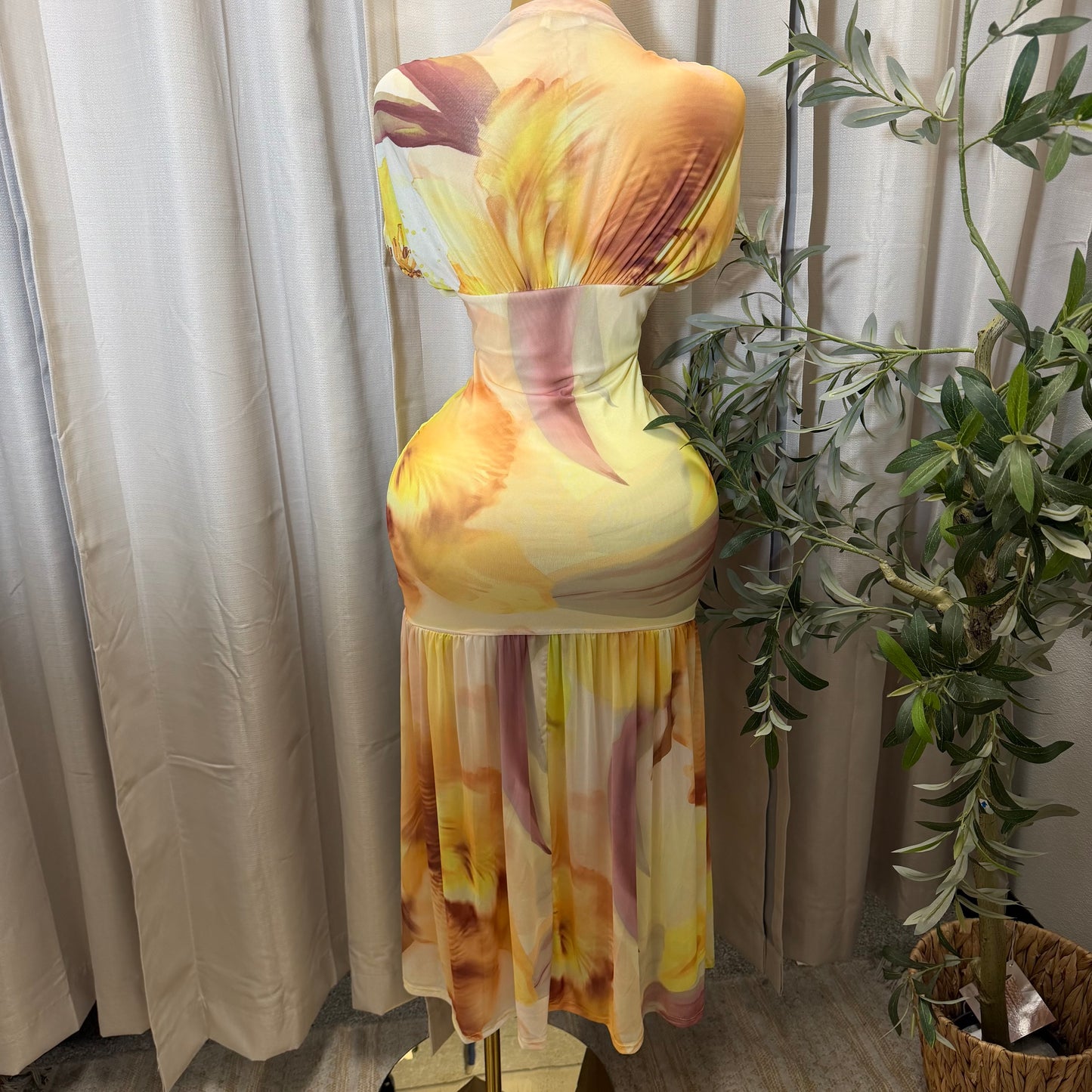 Mesh & Knit Mix Long Dress-Yellow Print