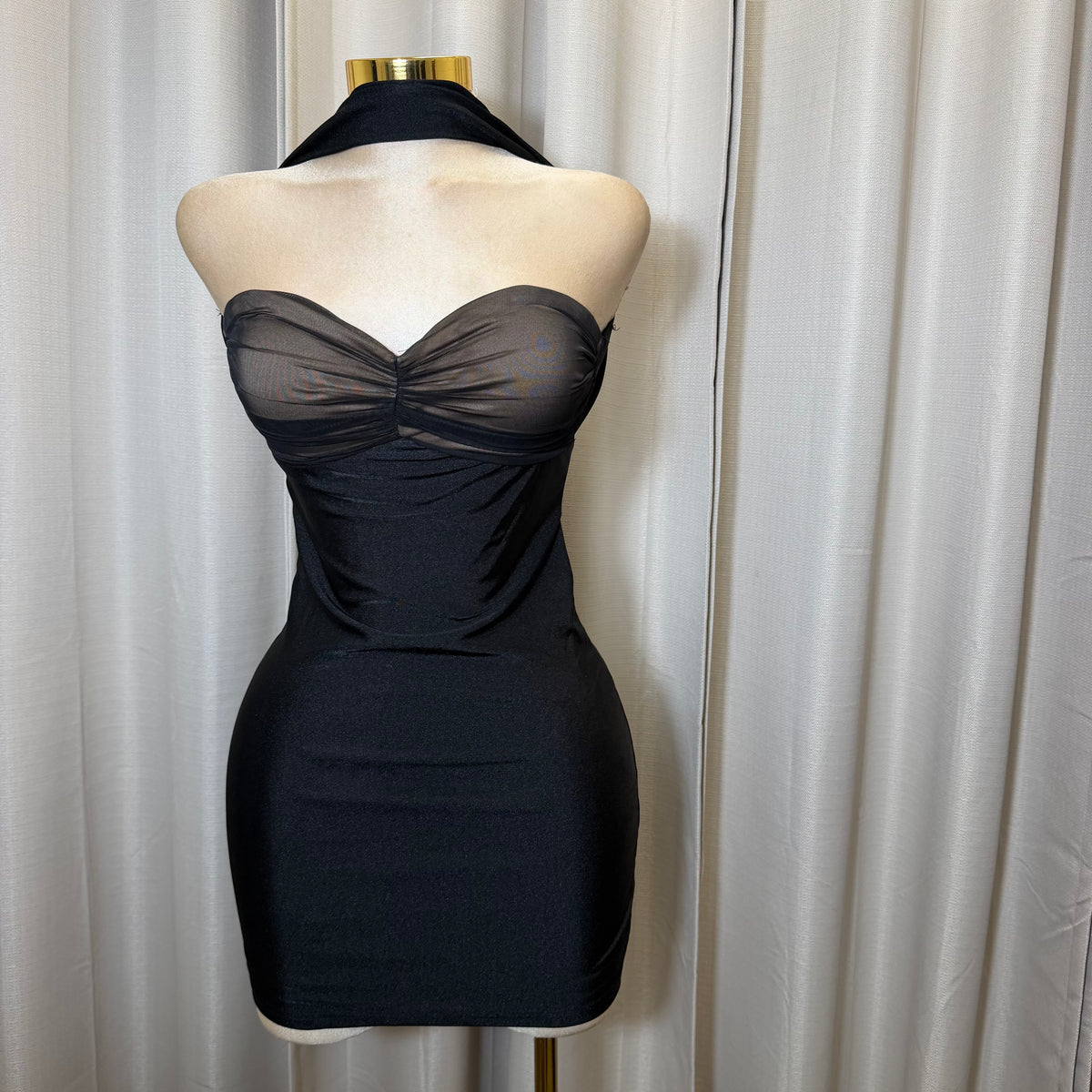 Knit Satin with Mesh Contrast Neck Band Dress-Black