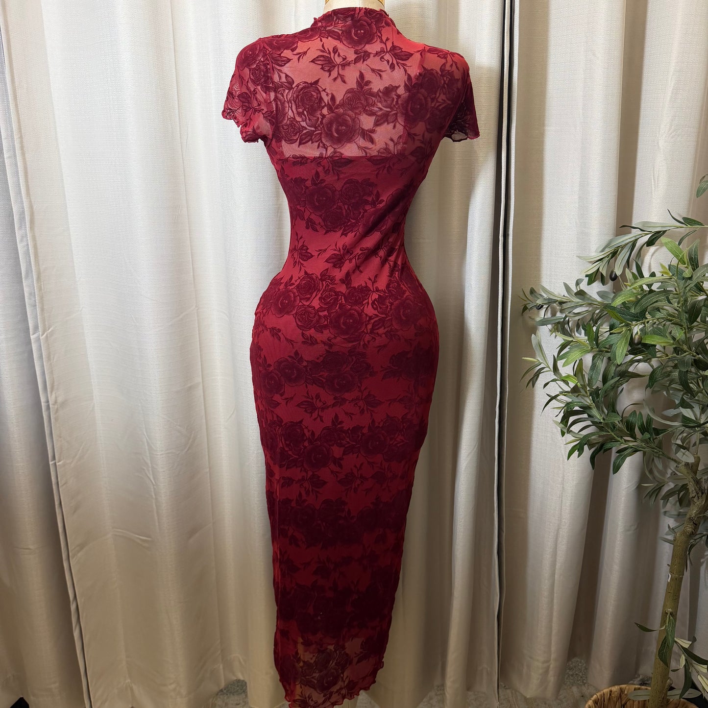 Luxi Mesh Flower Print Dress-Burgundy