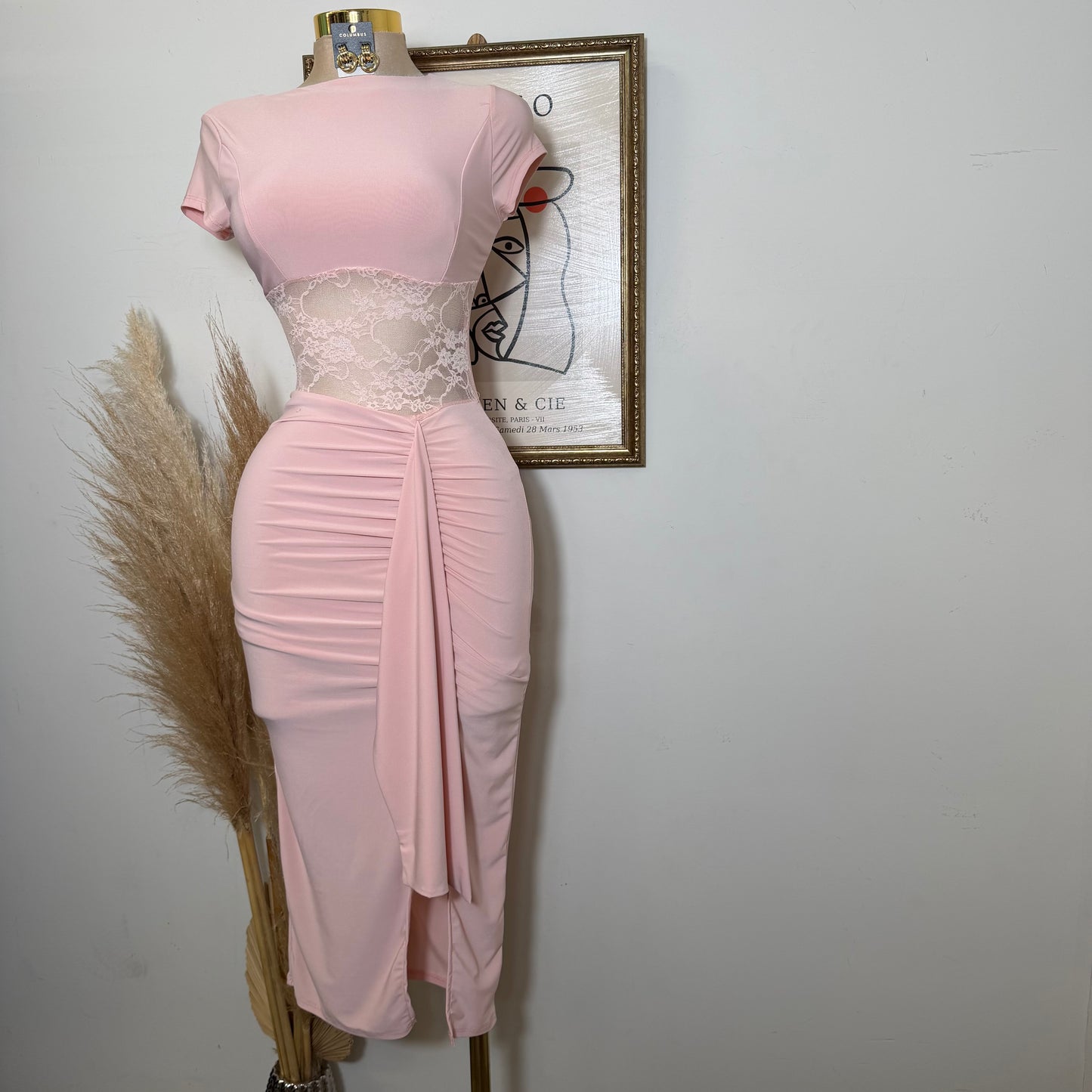 Lace Waist Contrast Midi Dress-Baby Pink