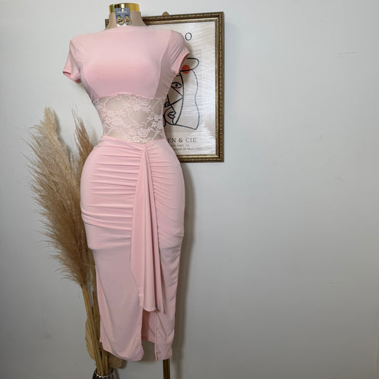Lace Waist Contrast Midi Dress-Baby Pink